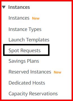 Picture showing the spot requests menu in EC2 dashboard